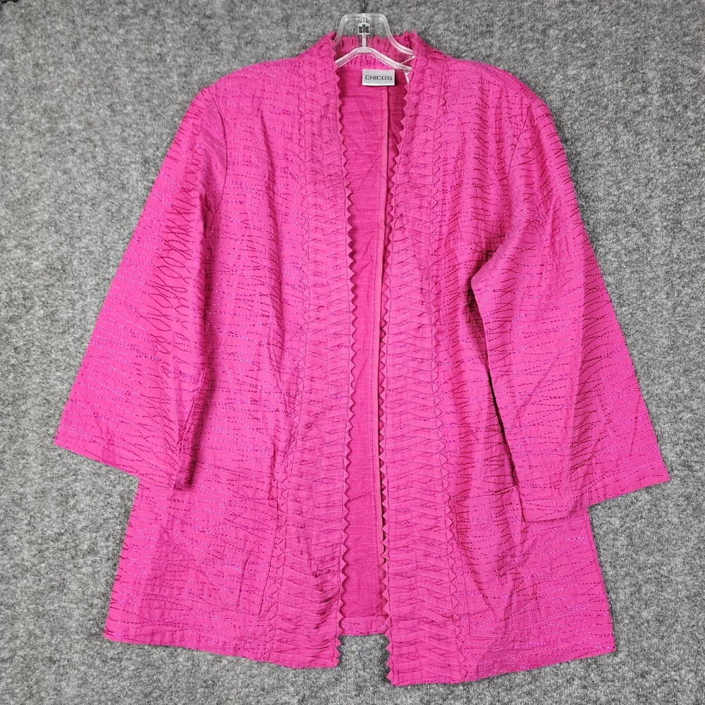 Chicos Open Front Jacket Womens Size 1 Pink Magenta Embroidered Textured 3/4 Slv